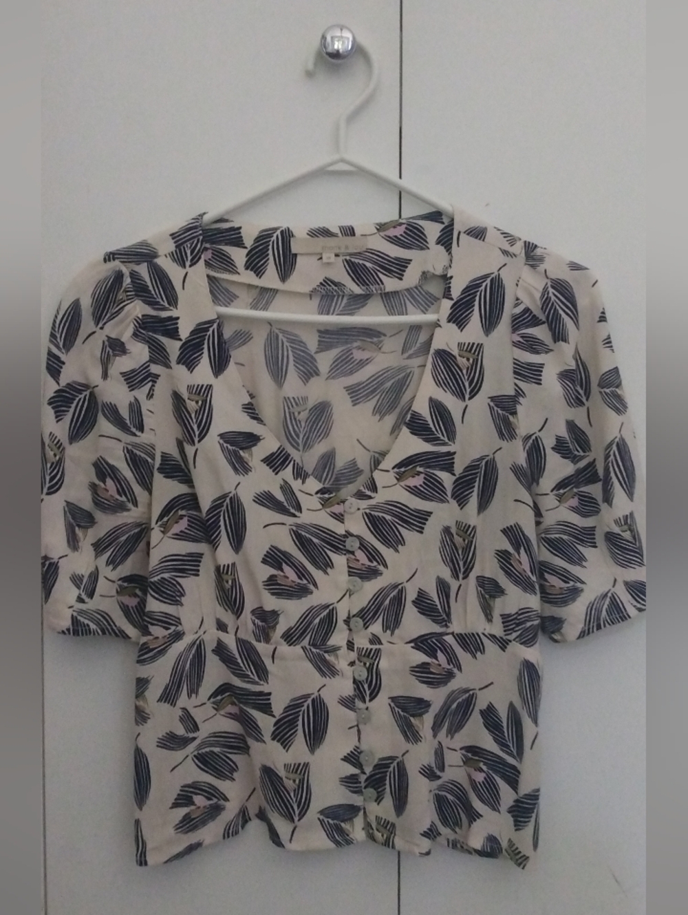 Cream Button-Front Blouse with Navy Leaf Print